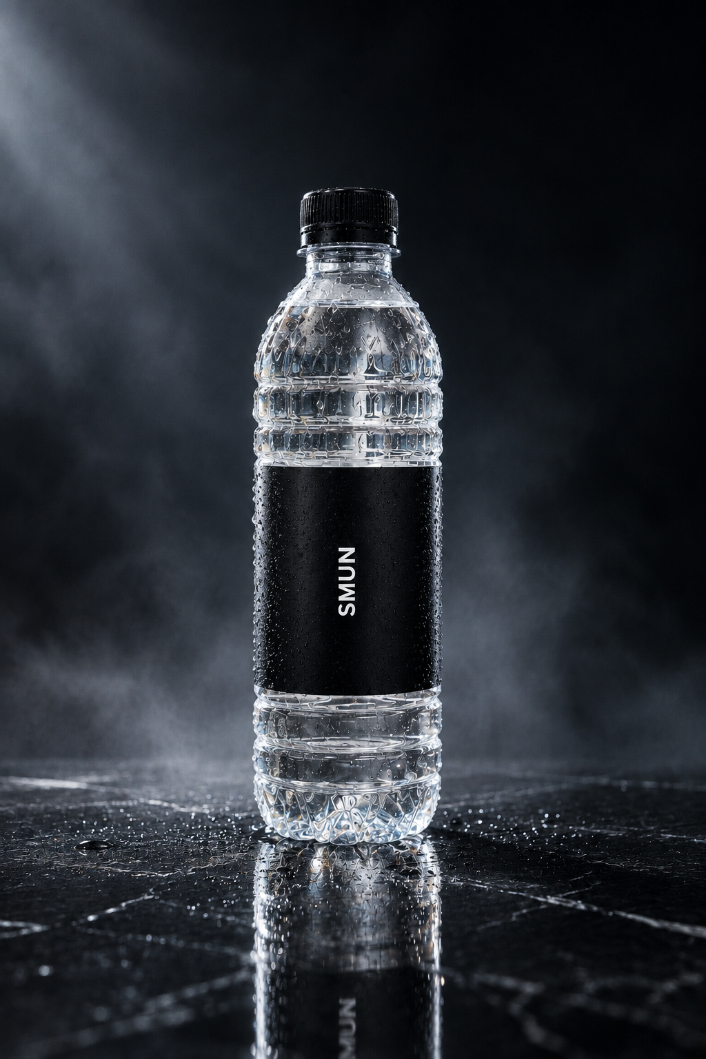 SMUN customized bottled water on a dark reflective surface